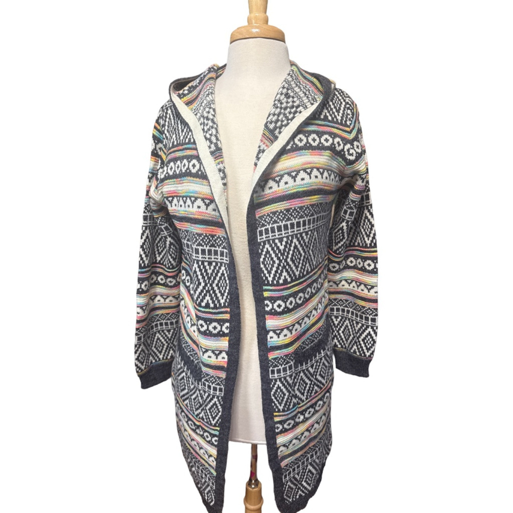 MONTEAU Multicolor Fair Isle Hooded Cardigan M